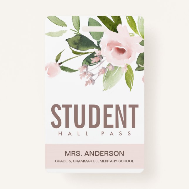 BLUSH PINK ROSE FLORAL STUDENT TEACHER HALL PASS ID BADGE (Front)
