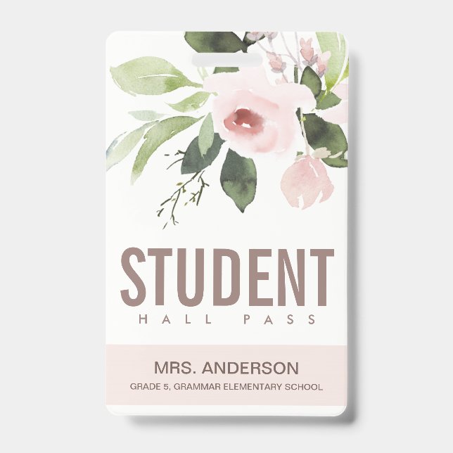 BLUSH PINK ROSE FLORAL STUDENT TEACHER HALL PASS ID BADGE (Front)