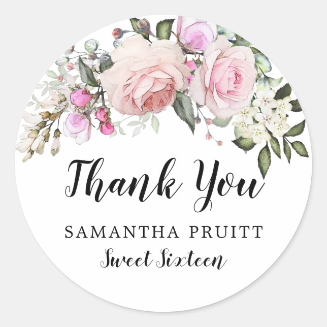Blush Pink Rose Floral Sweet 16 Thank You Classic Round Sticker (Front)