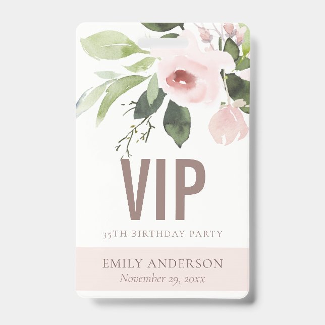 BLUSH PINK ROSE FLORAL VIP ANY AGE BIRTHDAY PASS ID BADGE (Front)