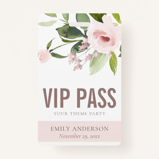 BLUSH PINK ROSE FLORAL VIP ANY THEME PARTY PASS ID BADGE (Front)