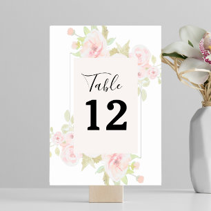 Blush Pink Rose Floral Watercolor Greenery Table Number