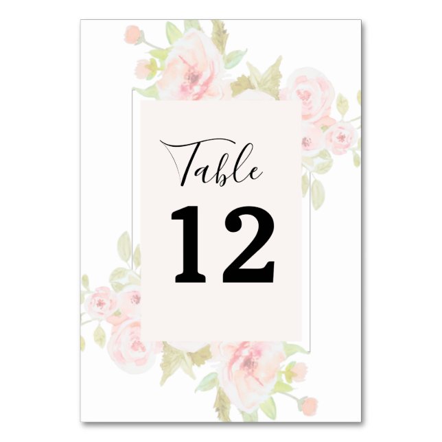 Blush Pink Rose Floral Watercolor Greenery Table Number (Front)