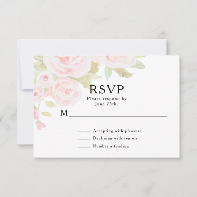 Blush Pink Rose Floral Watercolor Wedding RSVP Card (Front)