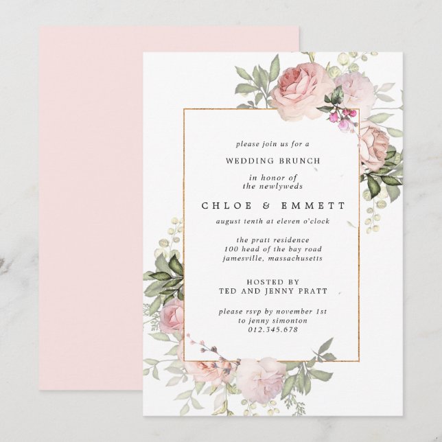 Blush Pink Rose Floral Wedding Brunch Invitation (Front/Back)