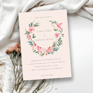 Blush Pink Rose Floral Wreath All In One Wedding Invitation