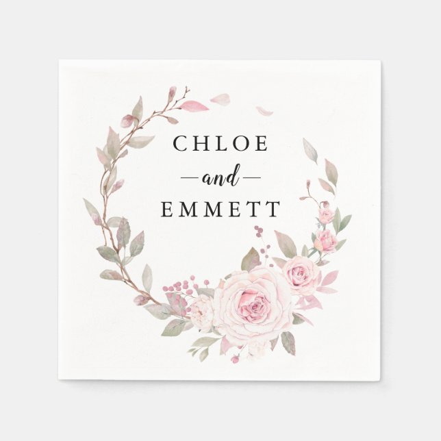 Blush Pink Rose Floral Wreath Napkin (Front)