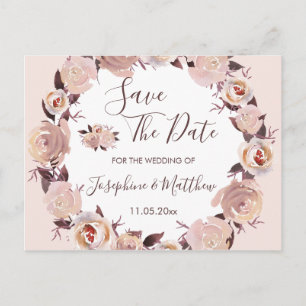Blush Pink Rose Floral Wreath Save the Date Announcement Postcard