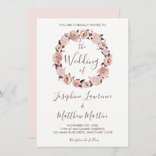 Blush Pink Rose Floral Wreath Wedding Invitation (Front/Back)