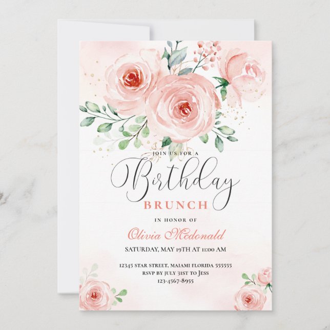 Blush Pink Rose Florals Modern Birthday Invitation (Front)
