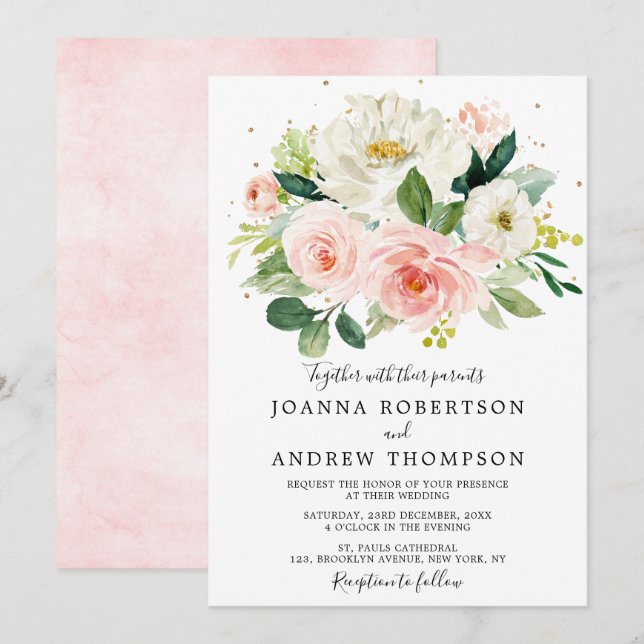 Blush Pink Rose Florals Modern Botanical Wedding Invitation (Front/Back)