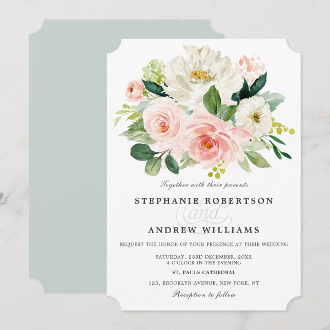 Blush Pink Rose Florals Modern Botanical Wedding Invitation (Front/Back)