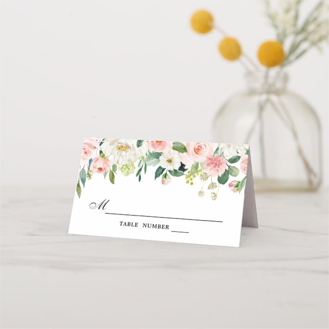 Blush Pink Rose Florals Modern Botanical Wedding Place Card (Front)