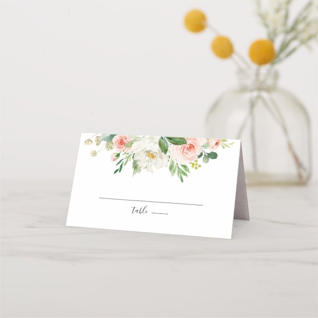 Blush Pink Rose Florals Modern Botanical Wedding Place Card (Front)