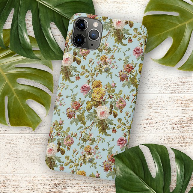 Blush Pink Rose Flower Art Pattern On Light Blue iPhone Case (Creator Uploaded)