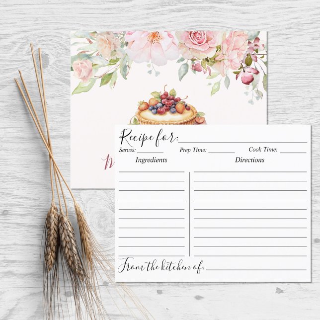 Blush Pink Rose Flower Floral Baking Recipe Card (Front and Back)