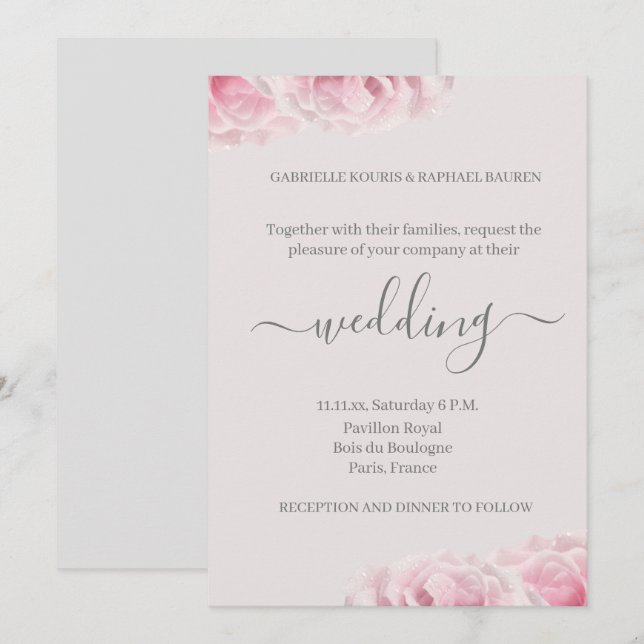 Blush Pink Rose Flower Grey Elegant Floral Wedding Invitation (Front/Back)