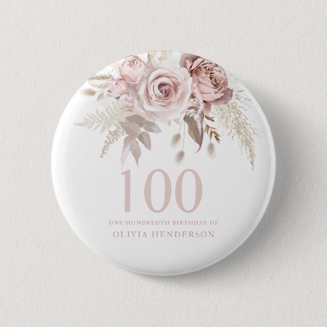 Blush Pink Rose Flowers 100th Birthday Party 6 Cm Round Badge (Front)