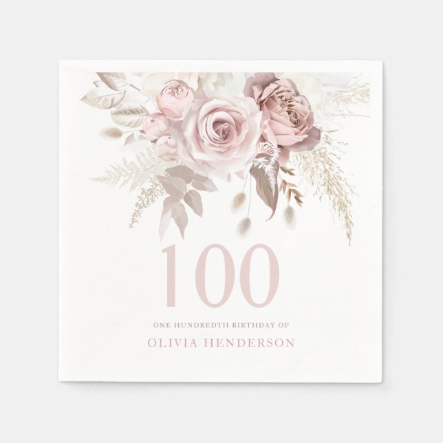 Blush Pink Rose Flowers 100th Birthday Party Event Napkin (Front)