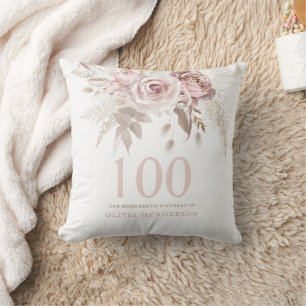 Blush Pink Rose Flowers 100th Birthday Party Gift Cushion