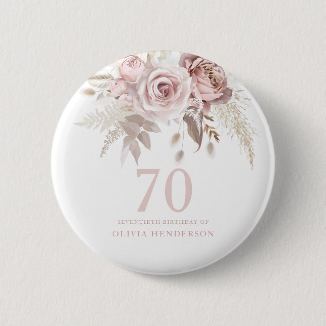 Blush Pink Rose Flowers 70th Birthday Party 6 Cm Round Badge (Front)