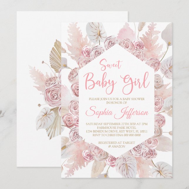Blush Pink Rose Flowers Baby Shower Invitation (Front/Back)