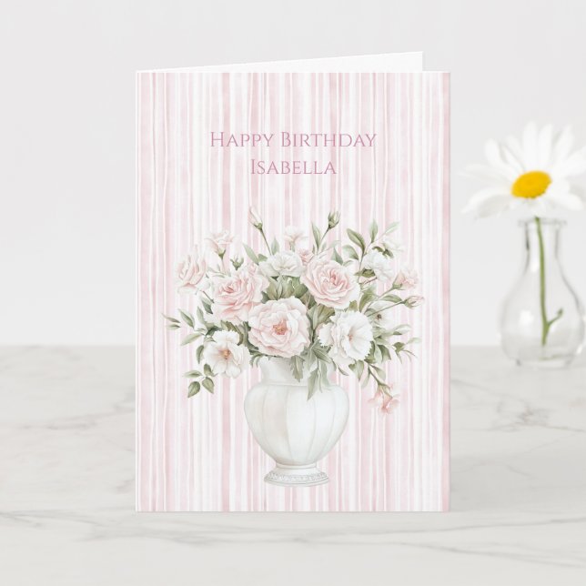 Blush Pink Rose Flowers Stripes Birthday Card (Small Plant)