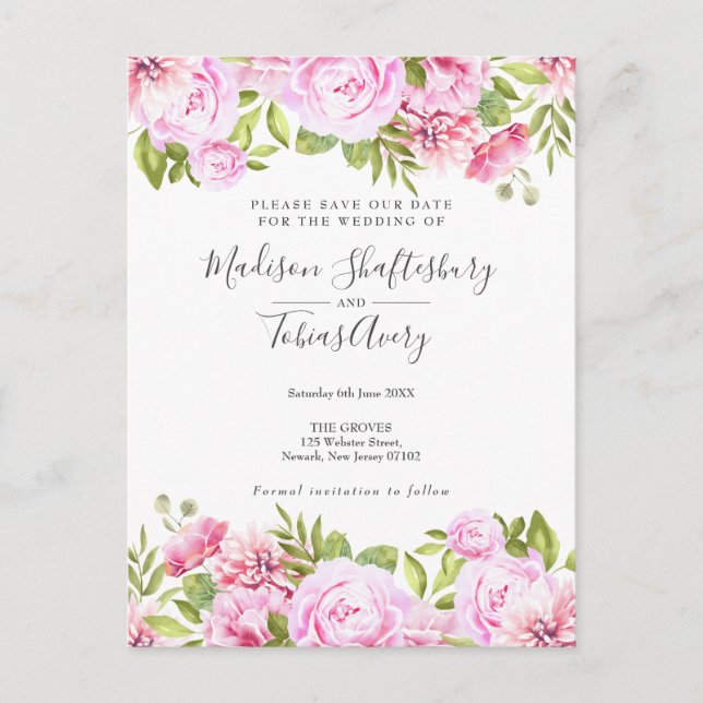 Blush Pink Rose Garden Floral Save the Date Postcard (Front)