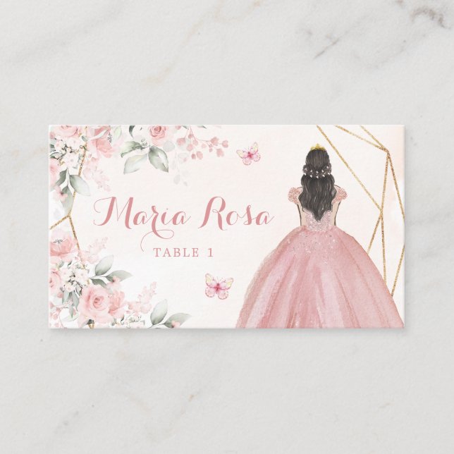 Blush Pink Rose Geometric Floral Quinceañera Place Card (Front)