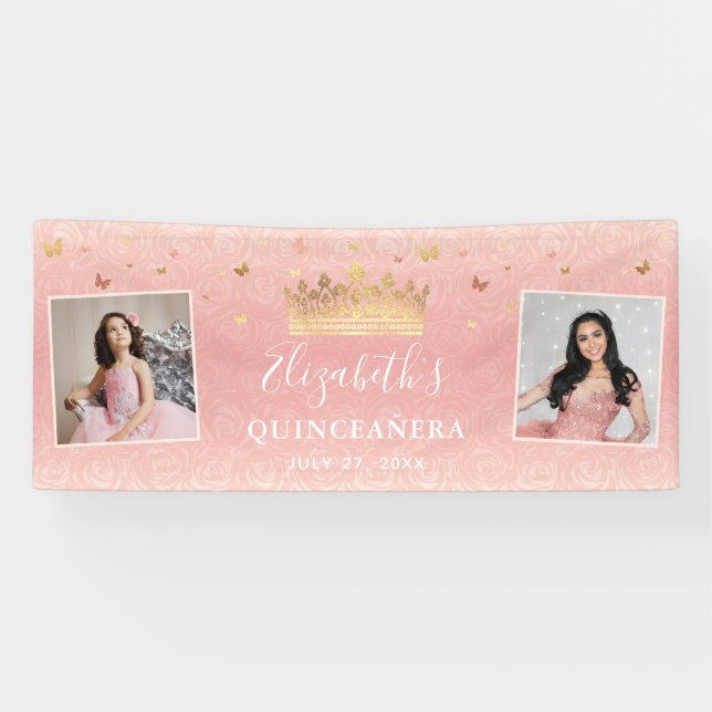 Blush Pink Rose Gold 2 Photo Birthday Quinceanera Banner (Horizontal)