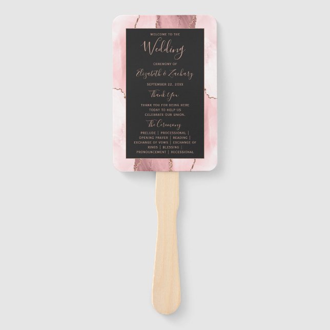 Blush Pink Rose Gold Agate Dark Wedding Program Hand Fan (Front)