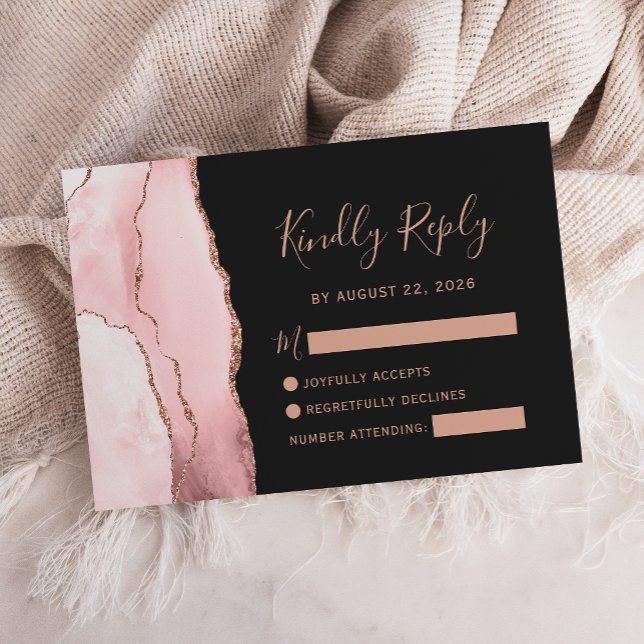 Blush Pink Rose Gold Agate Dark Wedding RSVP Card (Creator Uploaded)