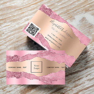 Blush pink rose gold agate marble logo QR code Business Card