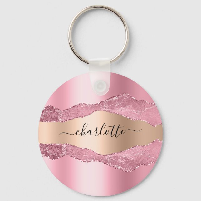 Blush pink rose gold agate marble name key ring (Front)
