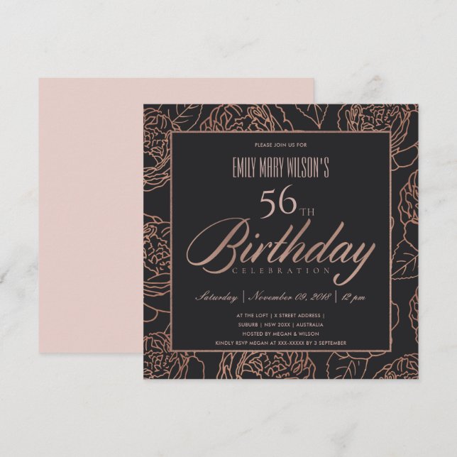 BLUSH PINK ROSE GOLD BLACK FLORAL ANY AGE BIRTHDAY INVITATION (Front/Back)