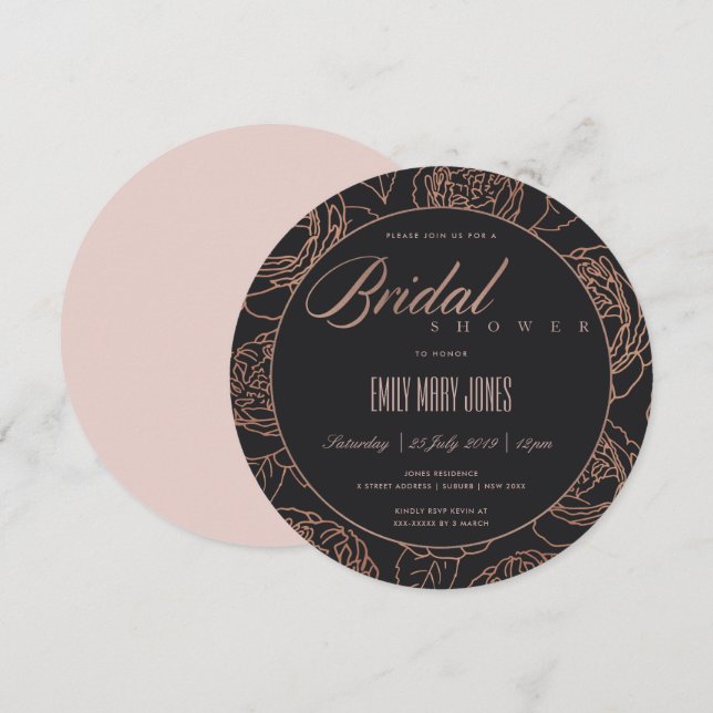 BLUSH PINK ROSE GOLD BLACK FLORAL BRIDAL SHOWER INVITATION (Front/Back)