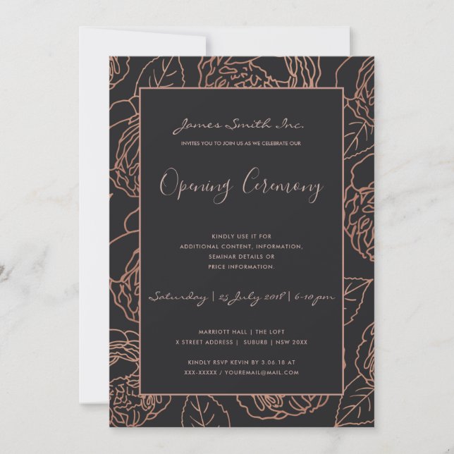 BLUSH PINK ROSE GOLD BLACK FLORAL OPENING CEREMONY INVITATION (Front)