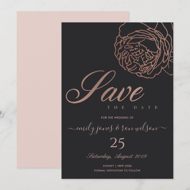 BLUSH PINK ROSE GOLD BLACK FLORAL SAVE THE DATE INVITATION (Front/Back)