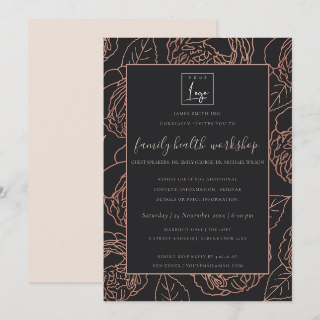 BLUSH PINK ROSE GOLD BLACK FLORAL WORKSHOP EVENT INVITATION (Front/Back)