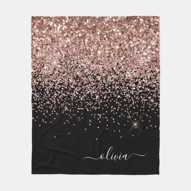 Blush Pink Rose Gold Black Glitter Monogram Name Fleece Blanket (Front)