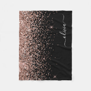 Blush Pink Rose Gold Black Glitter Monogram Name Fleece Blanket