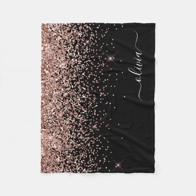Blush Pink Rose Gold Black Glitter Monogram Name Fleece Blanket (Front)