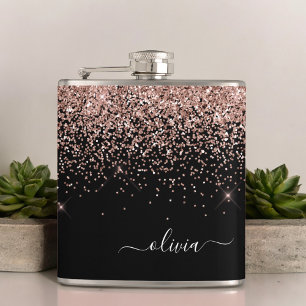 Blush Pink Rose Gold Black Glitter Monogram Name Hip Flask