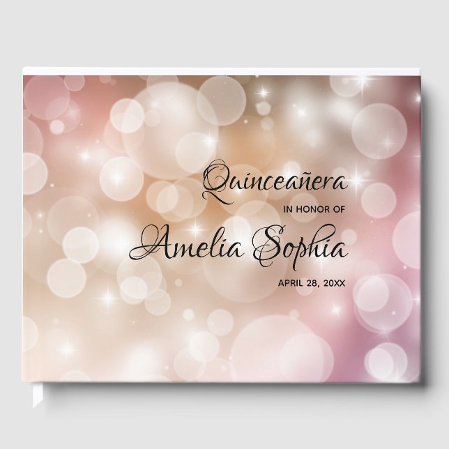 Blush Pink Rose Gold Bokeh Quinceanera Party Guest Book (Front)
