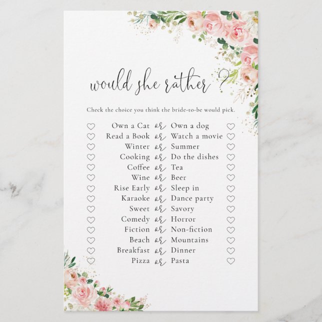 Blush Pink Rose Gold Bridal Shower Game (Front)