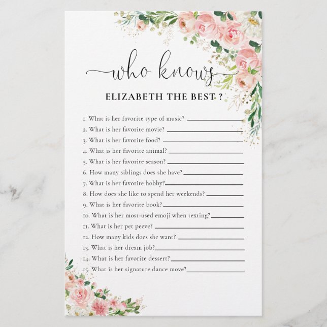 Blush Pink Rose Gold Bridal Shower Game (Front)