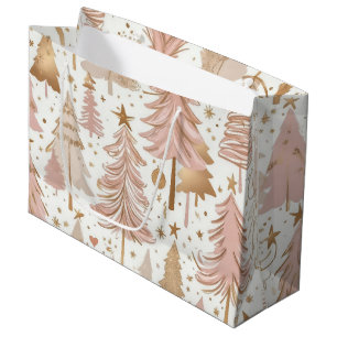 Blush Pink Rose Gold Christmas Trees Pattern Large Gift Bag