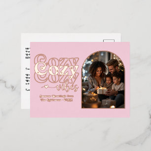 Blush Pink & Rose Gold Cozy Vibes Retro Christmas Foil Holiday Postcard