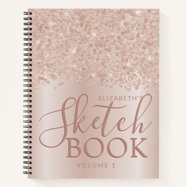 Blush Pink Rose Gold Custom Name Girly Sketchbook Notebook (Front)