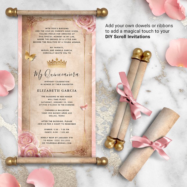 Blush Pink Rose Gold DIY Quince Scroll Invitations (DIY scrolls do not come with dowels. Add your own or roll up with a ribbon for a personalized touch!)